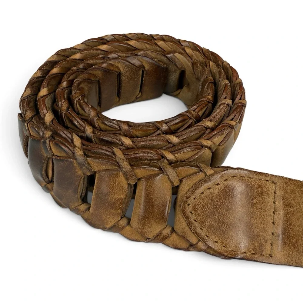 Vintage Braided Link Leather Solid Brass Buckle Belt Brown Patina MEN'S 32